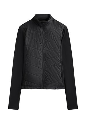 Black jacket featuring a quilted texture on the front and smooth, solid sleeves. High collar and front zipper are present.