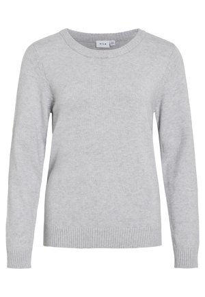 Light grey sweater with a round neckline, long sleeves, ribbed cuffs, and hem. Made of soft, textured fabric. Brand label visible inside neck.