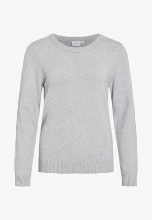 Light grey sweater with a round neckline, long sleeves, ribbed cuffs, and hem. Made of soft, textured fabric. Brand label visible inside neck.