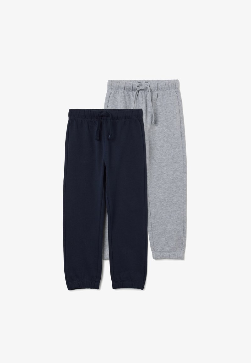 Zwei Paare Jogginghosen mit elastischem Bund und Kordelzug, eines in Marineblau und eines in Hellgrau, auf weißem Hintergrund dargestellt.