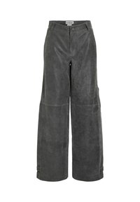 Grijze leren broek met wijde pijpen en een gladde textuur, voorzien van een knoopsluiting aan de voorkant en zijzakken. Strak ontwerp, zonder zichtbare patronen.