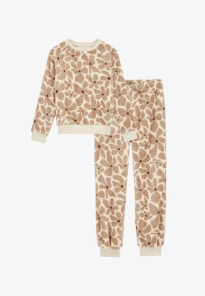 Conjunto de ropa de casa de dos piezas hecho de suave forro polar marrón con detalles en crema. Presenta un diseño floral y puños elásticos en los pantalones.
