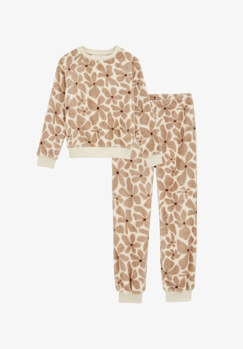 Kétrészes otthoni viselet készlet puha, barna mintás polárból, krémszínű részletekkel. Virágmintás designnal és elasztikus mandzsettákkal ellátott nadrágokkal rendelkezik.