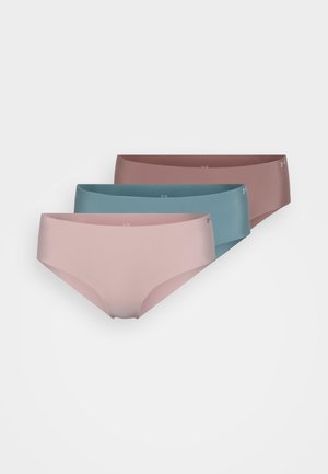 Three pairs of seamless underwear in pink, blue, and mauve, featuring a smooth texture and a wide, flat waistband with minimal branding.