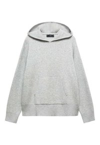 Grijze oversized capuchontrui gemaakt van zachte stof, met een voorzak en geribbelde manchetten en zoom. Eenvoudig, effen kleur zonder patronen.