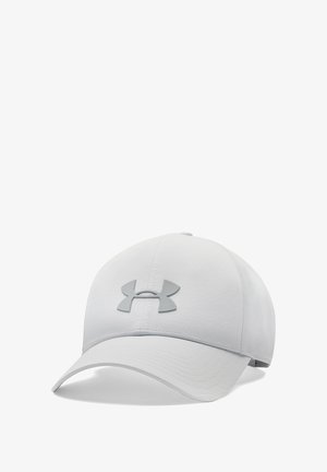White baseball cap made of smooth fabric, featuring a curved visor and a gray logo on the front. Adjustable strap at the back.