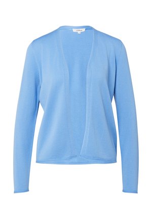 Hellblauer, langärmliger Cardigan mit offenem Vorderteil, weicher Strickstruktur und ohne sichtbare Knöpfe oder Verschlüsse.