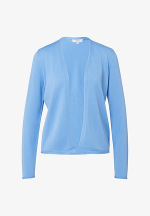 Lichtblauwe, lange mouwen open-voorzijde cardigan met een zachte gebreide textuur en zonder zichtbare knopen of sluitingen.