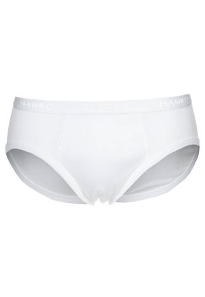 Białe męskie majtki typu slip z elastycznym paskiem w branded "HANRO", bezszwowy design i wyprofilowana kieszonka z przodu.