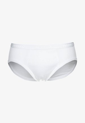 Hvide herreunderbukser i brief-stil med elastisk livmoder mærket "HANRO," sømløst design og kontureret frontlomme.