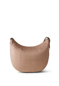 Hobo bag in textured tan material, featuring a curved silhouette and a brown strap with gold-tone hardware.