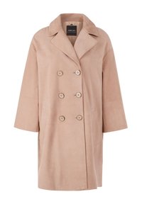 Hellrosa doppelreihiger Mantel aus Wildleder mit Reverskragen, großen Knöpfen und Seitentaschen, mit ellbogenlangen Ärmeln.