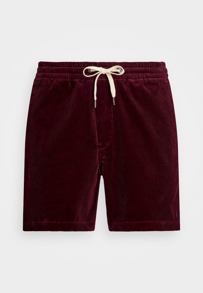 Burgunderfarbene Cordshorts mit elastischem Bund und cremefarbenem Kordelzug. Mit vertikalen Rippungen und einem Logo am unteren Saum.