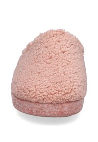 Pantofole in pile rosa con punta arrotondata, superficie testurizzata e materiale morbido e soffice; presentano una suola imbottita per il comfort.