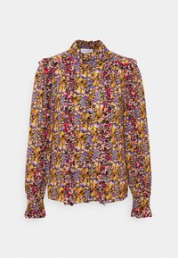 Blomstret langærmet bluse med rynket krave. Har et flerfarvet mønster af små blomster på en sort baggrund. Letvægtsstof.