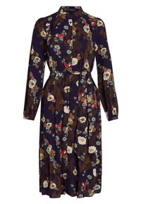 Mörkblåblommig klänning med långa ärmar, krage och bälte i midjan. Har intrikata blommönster med inslag av röd och grön.