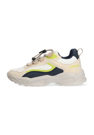 Sneakers with a mixed material design; white, beige, and navy colors with bright green accents. Features a textured sole and elastic lacing.