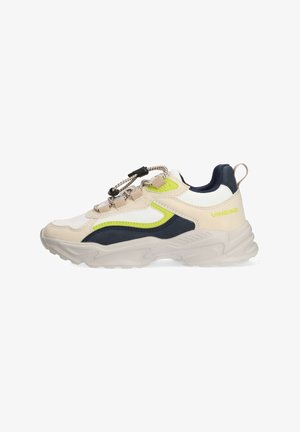 Sneakers with a mixed material design; white, beige, and navy colors with bright green accents. Features a textured sole and elastic lacing.