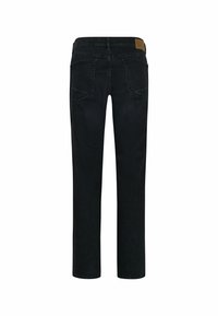 Schwarze Jeans mit geradem Schnitt, ausgestattet mit zwei Gesäßtaschen, einem beigefarbenen Lederpatch an der Taille und einer glatten Denim-Oberfläche.