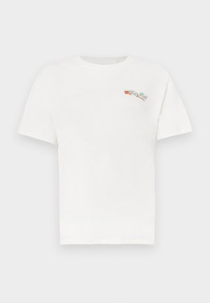 White cotton t-shirt with short sleeves. Features small, multicolored floral embroidery on the left chest. Classic crew neckline.