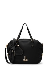 Borsa tote in pelle nera con dettagli dorati, finitura strutturata, doppi manici, ciondolo staccabile a forma di cuore e logo in rilievo sul davanti.