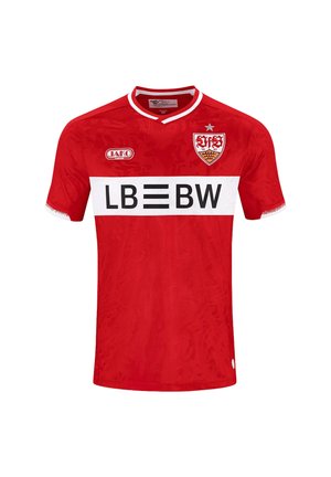Maglia da calcio rossa con striscia orizzontale bianca che mostra il logo LB BW, lo stemma della squadra con stella sul petto e il logo del marchio JAKO sul lato destro.