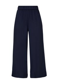 Pantalon large bleu marine avec taille élastique et poches latérales, confectionné dans un tissu léger.