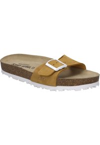 Braune Leder-Slidesandalen mit weißer Schnalle, Korkfußbett und weißer Gummisohle mit strukturiertem Profil für Rutschfestigkeit.
