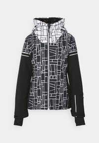 Veste à motifs noir et blanc avec fermeture à glissière sur le devant, capuche et manches noires contrastantes. Présente des lignes géométriques blanches et des poches latérales.