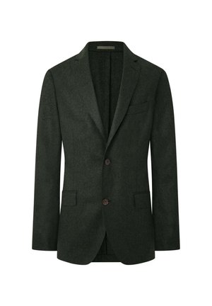 Blazer ajusté vert foncé en mélange de laine, avec un revers cranté, deux boutons à l'avant et deux poches latérales.