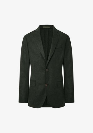Blazer ajustado de color verde oscuro, hecho de una mezcla de lana, que presenta solapa con muesca, dos botones delanteros y dos bolsillos laterales.