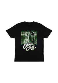 Zwart katoenen T-shirt met een grafische print van twee figuren en de tekst "Cheech & Chong" in het groen, omringd door bladeren.