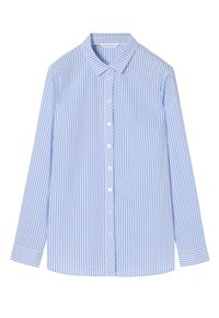 Chemise à rayures bleu clair et blanche à manches longues avec un col classique, fermeture à boutons sur le devant et ourlet droit. Tissu doux avec une texture lisse.