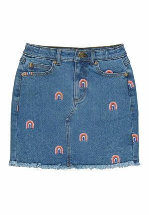 Jeansowa mini spódnica z haftowanymi tęczowymi wzorami. Ciemnoniebieski materiał, postrzępiony dół, klasyczny pięciokieszeniowy fason, z metalowymi detalami.