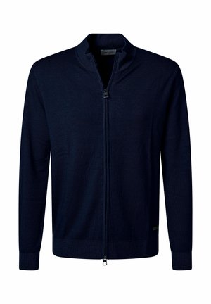 Marinefarbener Zip-Up Cardigan aus weichem Material, mit Stehkragen, langen Ärmeln und gerippten Bündchen. Mit einem Reißverschluss auf der Vorderseite.