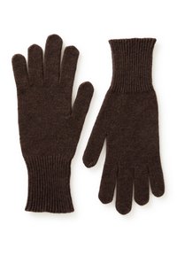 Guanti lavorati a maglia marroni realizzati in materiale morbido, con polsini a coste e cinque dita per garantire calore e comfort.