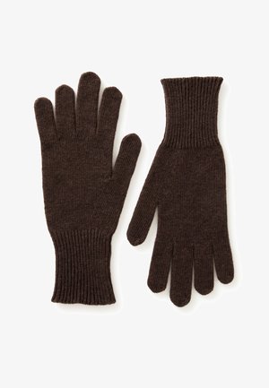 Gants en tricot marron fabriqués à partir d'un matériau doux, avec un poignet côtelé et cinq doigts pour la chaleur et le confort.