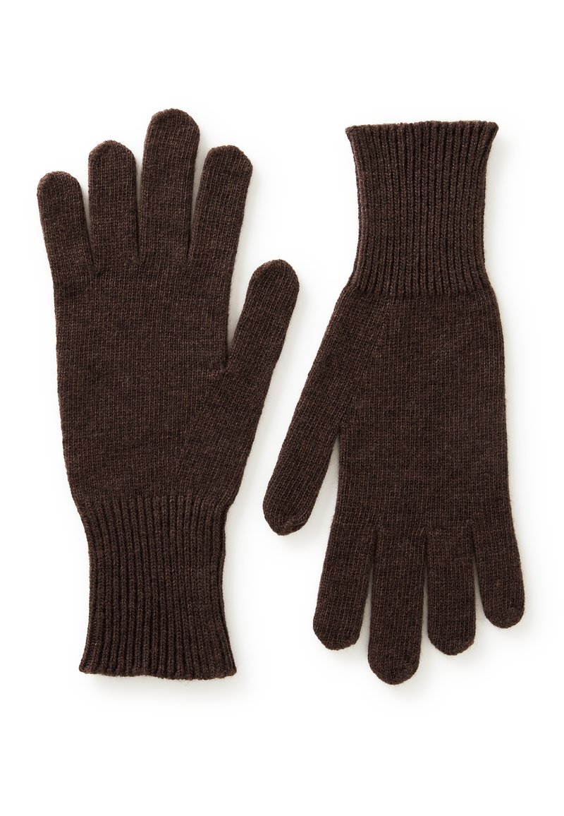 Guanti lavorati a maglia marroni realizzati in materiale morbido, con polsini a coste e cinque dita per garantire calore e comfort.
