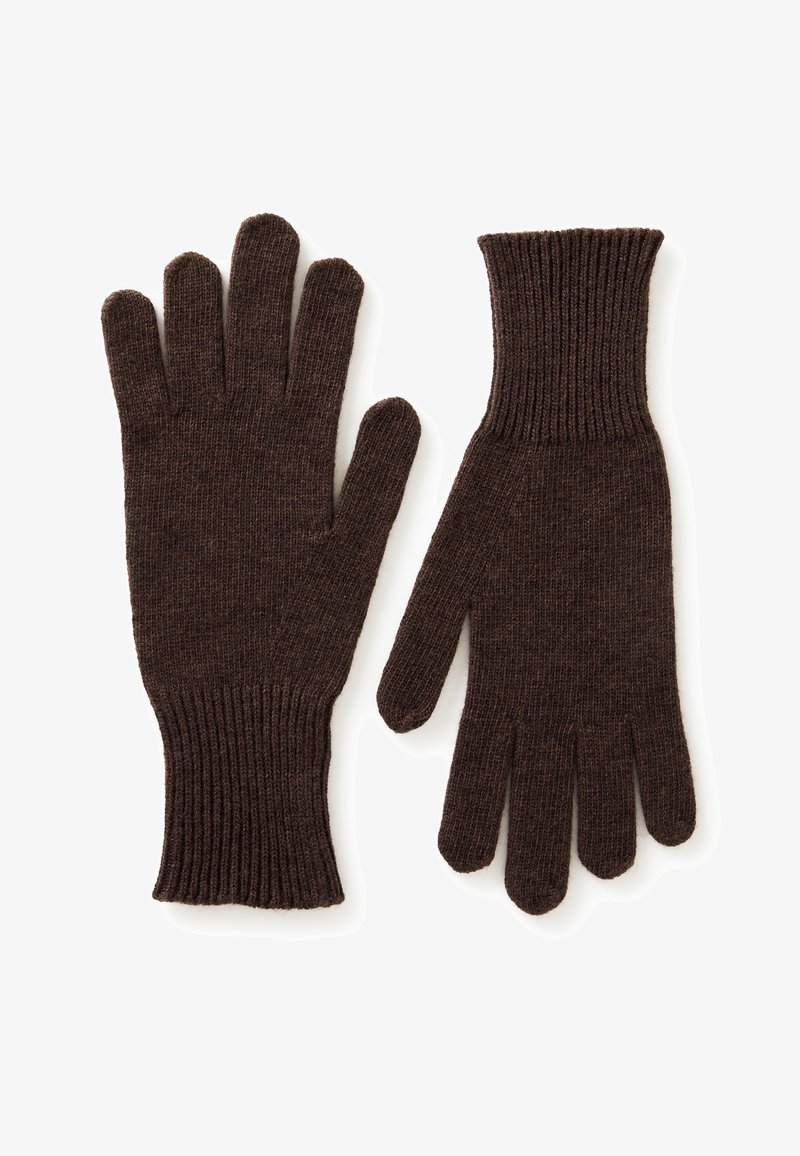 Hnědé pletené rukavice vyrobené z měkkého materiálu, s žebrovaným manžetovým zakončením a pěti prsty pro teplo a pohodlí.