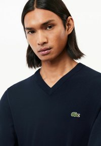 Maglione a V blu navy realizzato in tessuto a maglia, con un piccolo logo di coccodrillo verde sul lato sinistro del petto e collo e polsini a costine.