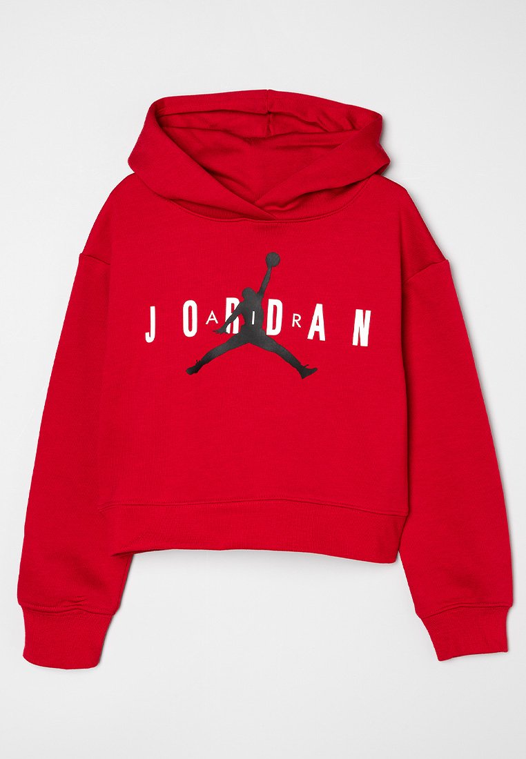 Sudadera corta roja de tejido texturizado, con una silueta negra de Jumpman y el texto "JORDAN" en blanco en la parte frontal.