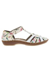 Sandalia con estampado floral que presenta un diseño de tiras blancas, suela marrón y borde cosido. Con punta abierta, tacón bajo y cortes transpirables.