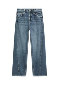Blauwe denim jeans met rechte pijpen, voorzakken, lussen voor riem, knoopsluiting en een vervaagde wassing.