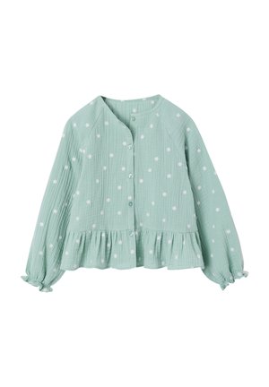 Hellgrüne Bluse mit langen Ärmeln, weißen Blumenmustern, Knopfleiste vorne, gerafftem Saum und elastischen Bündchen an den Ärmeln.