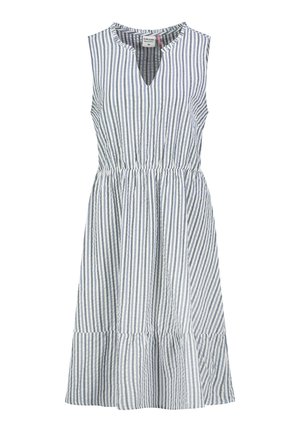 Ärmelloses Freizeitkleid mit vertikalen blau-weißen Streifen, V-Ausschnitt, geraffter Taille und abgestuftem Saum.