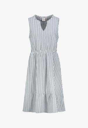 Ärmelloses Freizeitkleid mit vertikalen blau-weißen Streifen, V-Ausschnitt, geraffter Taille und abgestuftem Saum.