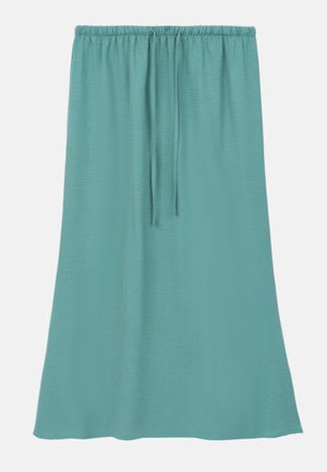 O fustă tealkoz, de lungime medie, confecționată dintr-un material neted și ușor, având un talie elastică și șnur reglabil.