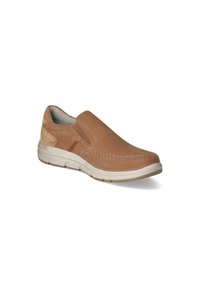 Brown leather slip-on shoe with a smooth upper, contrasting stitching, a cushioned sole, and elastic side panels for easy wear.