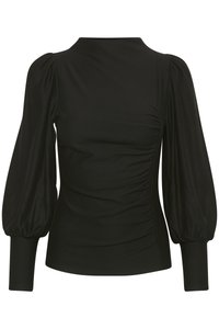 Black top with puffed sleeves, sleek design, soft fabric, featuring ruching on the side and fitted cuffs. Minimalist style, no visible logos.
