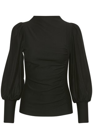 Camiseta negra con mangas abullonadas, diseño elegante, tejido suave, con fruncidos en el costado y puños ajustados. Estilo minimalista, sin logotipos visibles.